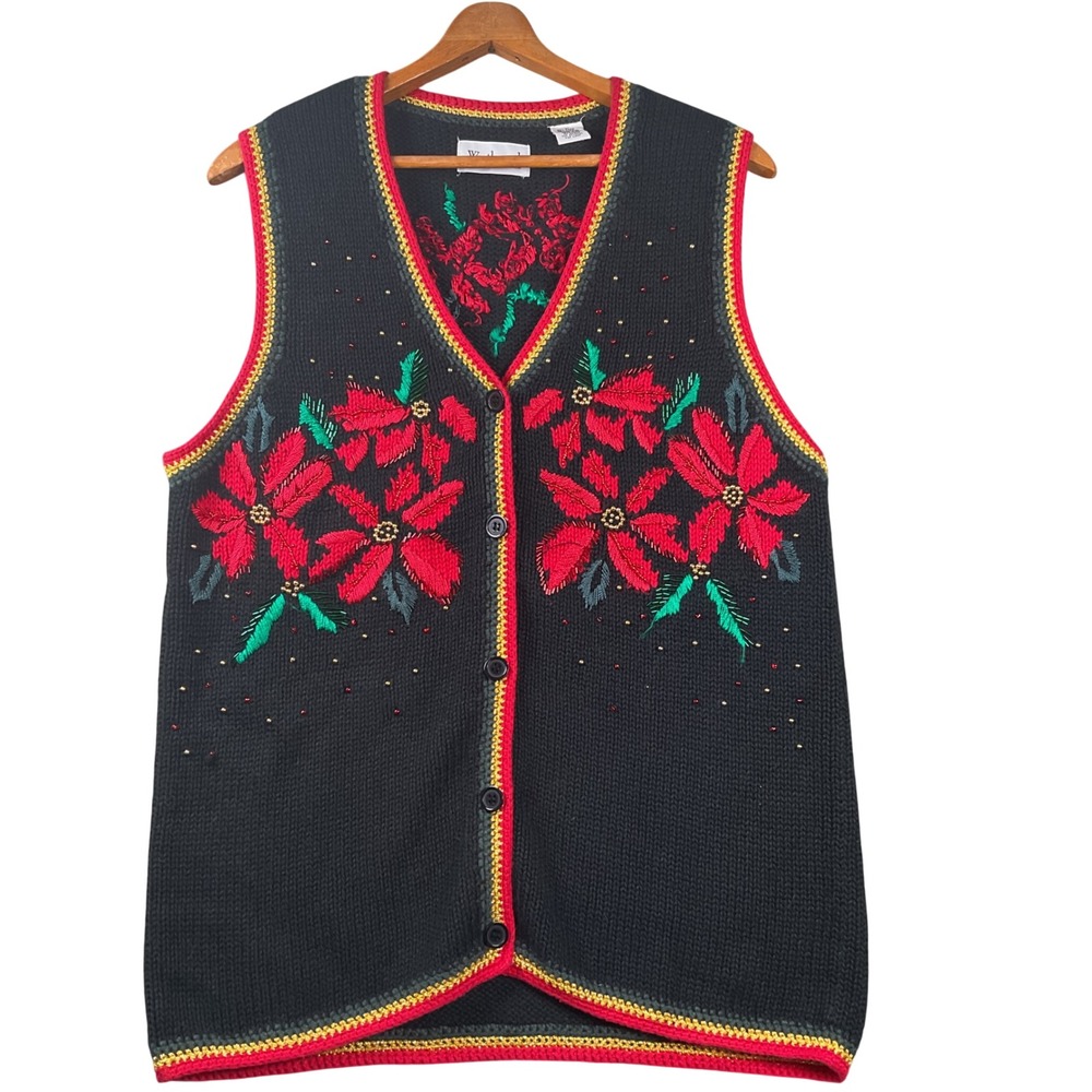 Westbound Sweater Vest Womens Medium Black Poinsettia Beaded Vintage Holiday